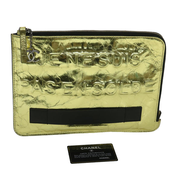CHANEL Clutch Bag Metallic Leather Gold A82164 CC Auth 38172SAV