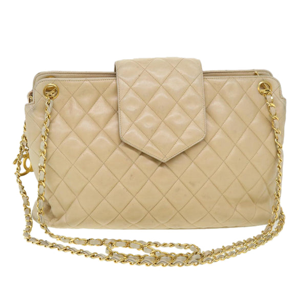 CHANEL Chain Shoulder Bag Lamb Skin Beige CC Auth 38451