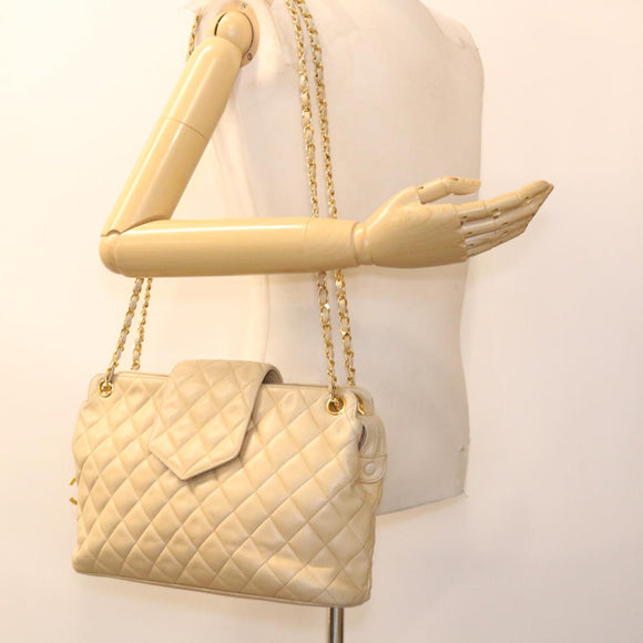 CHANEL Chain Shoulder Bag Lamb Skin Beige CC Auth 38451