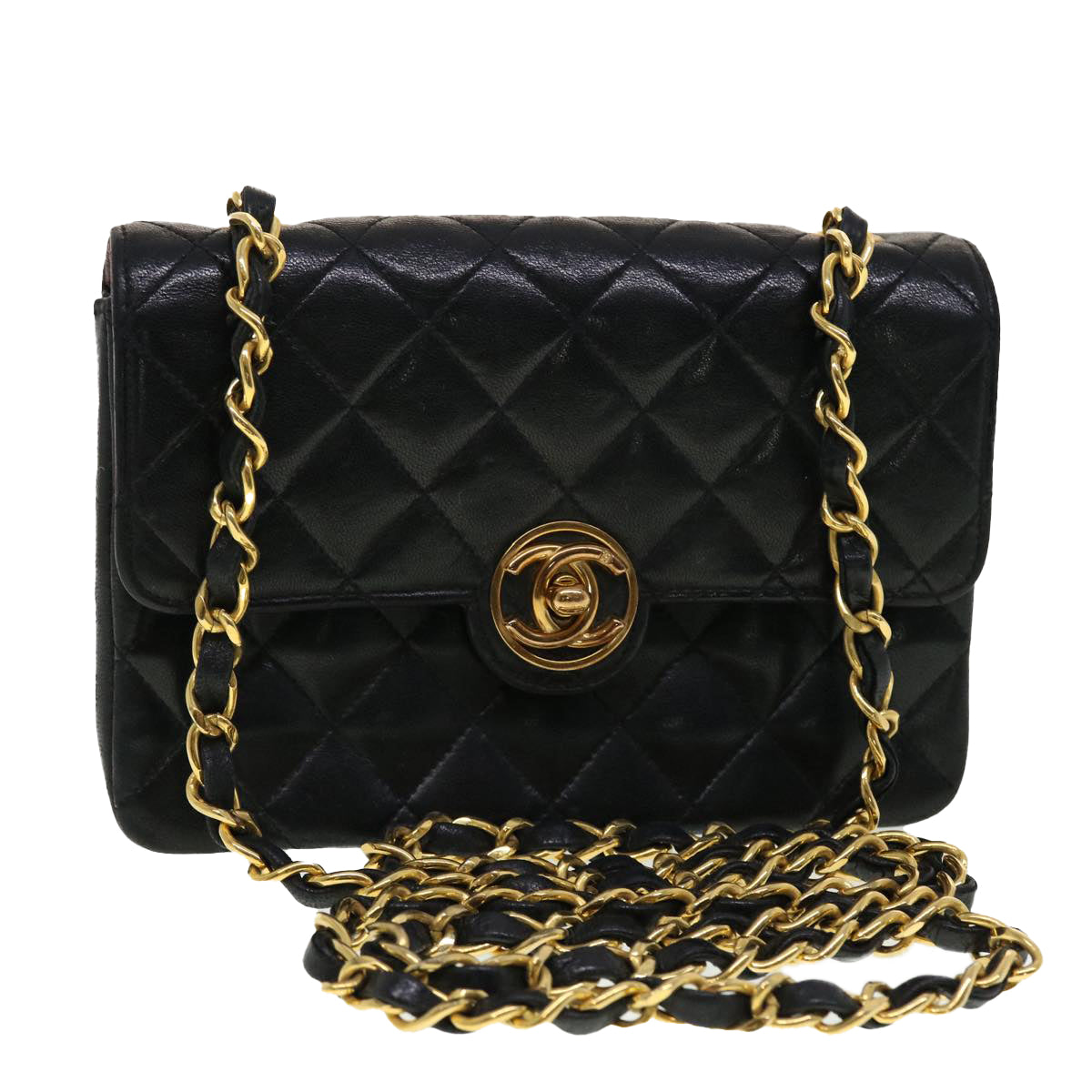 CHANEL Mini Matelasse Chain Shoulder Bag Lamb Skin Black CC Auth 42862A