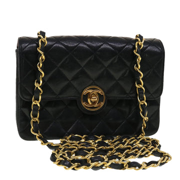 CHANEL Mini Matelasse Chain Shoulder Bag Lamb Skin Black CC Auth 42862AV
