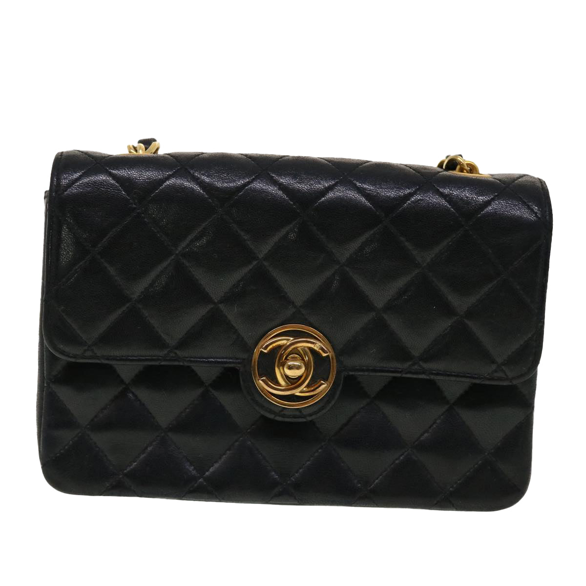 CHANEL Mini Matelasse Chain Shoulder Bag Lamb Skin Black CC Auth 42862A