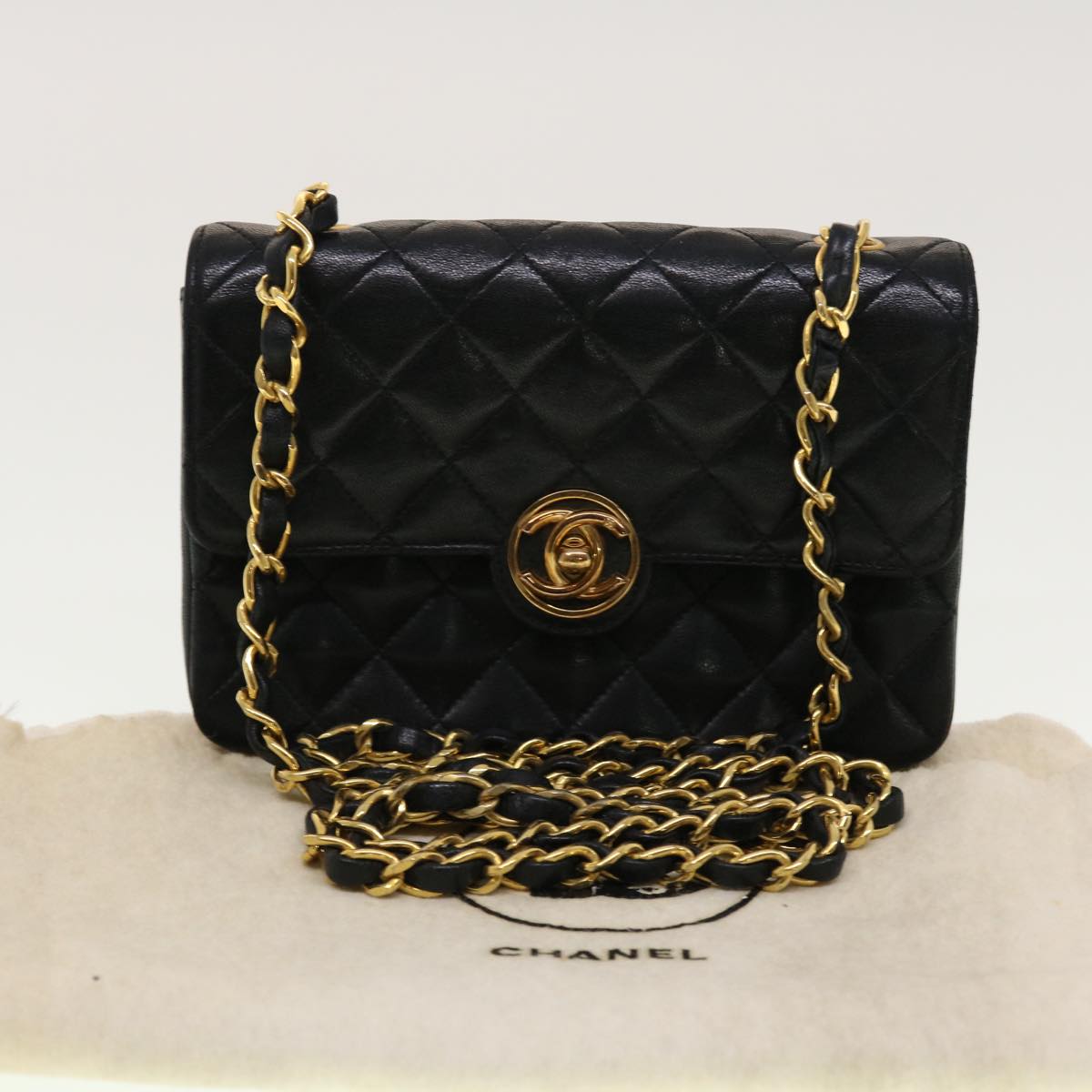 CHANEL Mini Matelasse Chain Shoulder Bag Lamb Skin Black CC Auth 42862A