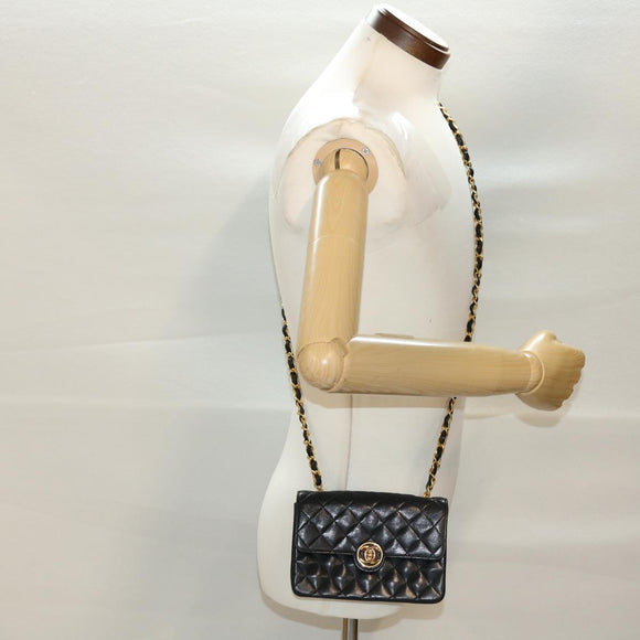 CHANEL Mini Matelasse Chain Shoulder Bag Lamb Skin Black CC Auth 42862AV