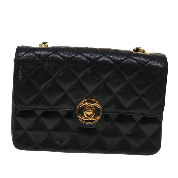 CHANEL Mini Matelasse Chain Shoulder Bag Lamb Skin Black CC Auth 42862AV