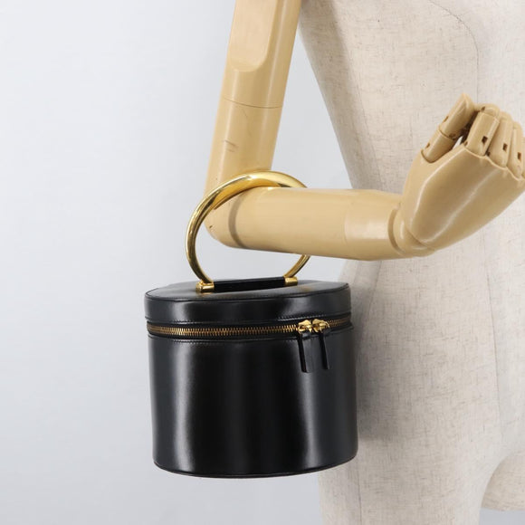 CELINE Vanity Cosmetic Pouch Leather Black Gold Auth 43930