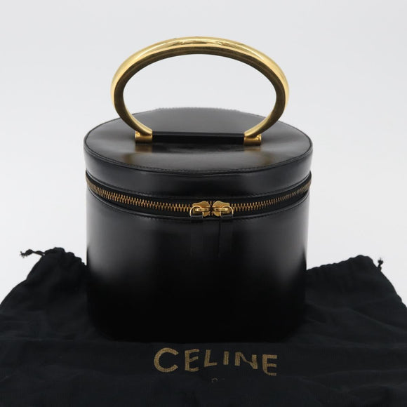 CELINE Vanity Cosmetic Pouch Leather Black Gold Auth 43930