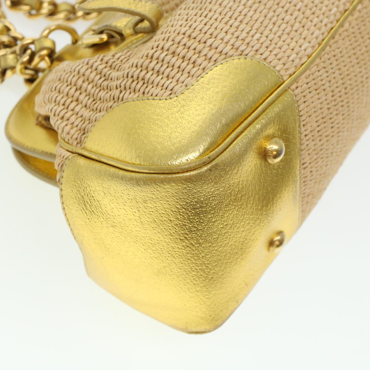 PRADA Chain Shoulder Bag Straw Leather Beige Auth 43934