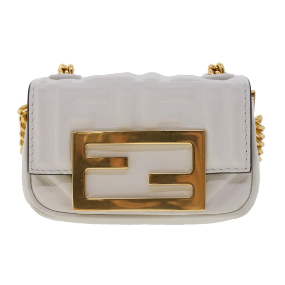 FENDI Zucca Canvas Nano Baguette Chain Shoulder Bag Leather White Auth 47061V