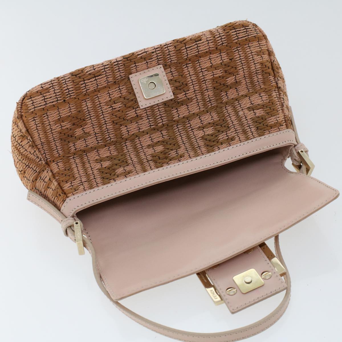 FENDI Mamma Baguette Shoulder Bag Straw Beige Pink Auth 47062