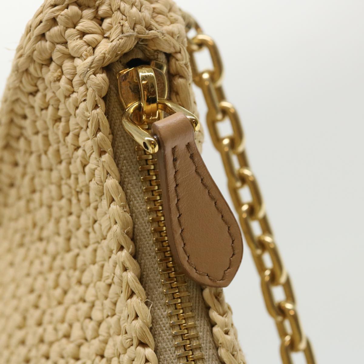 PRADA Chain Shoulder Bag Raffia Beige Auth 47377A