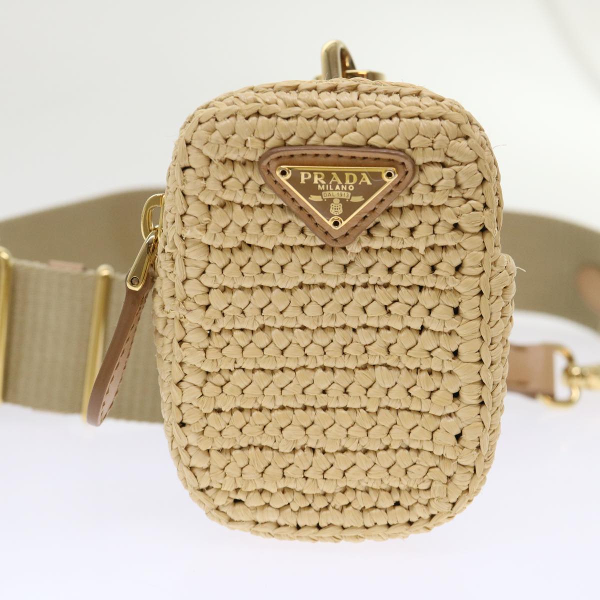 PRADA Chain Shoulder Bag Raffia Beige Auth 47377A