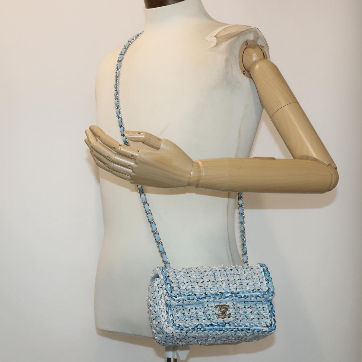CHANEL Chain Shoulder Bag Tweed Blue CC Auth 47496A
