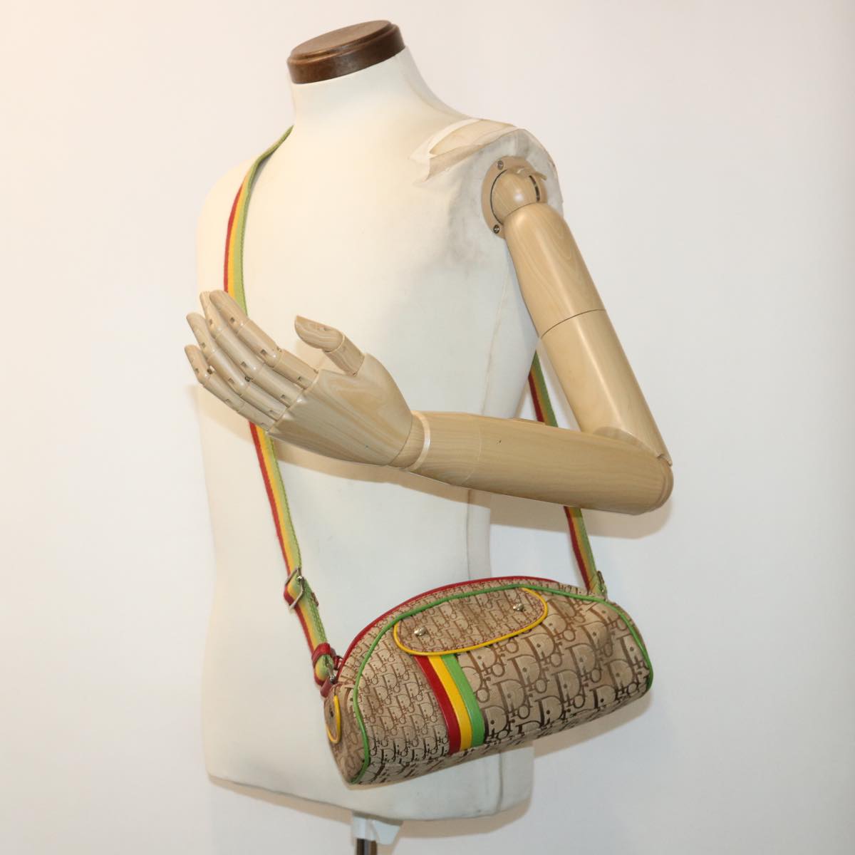 Christian Dior Trotter Canvas Shoulder Bag Rasta Color Beige Auth 47578