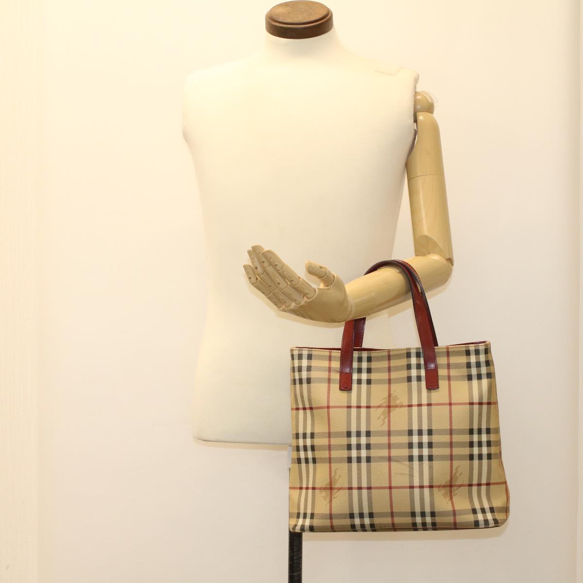 BURBERRY Nova Check Hand Bag PVC Leather Beige Auth 47676