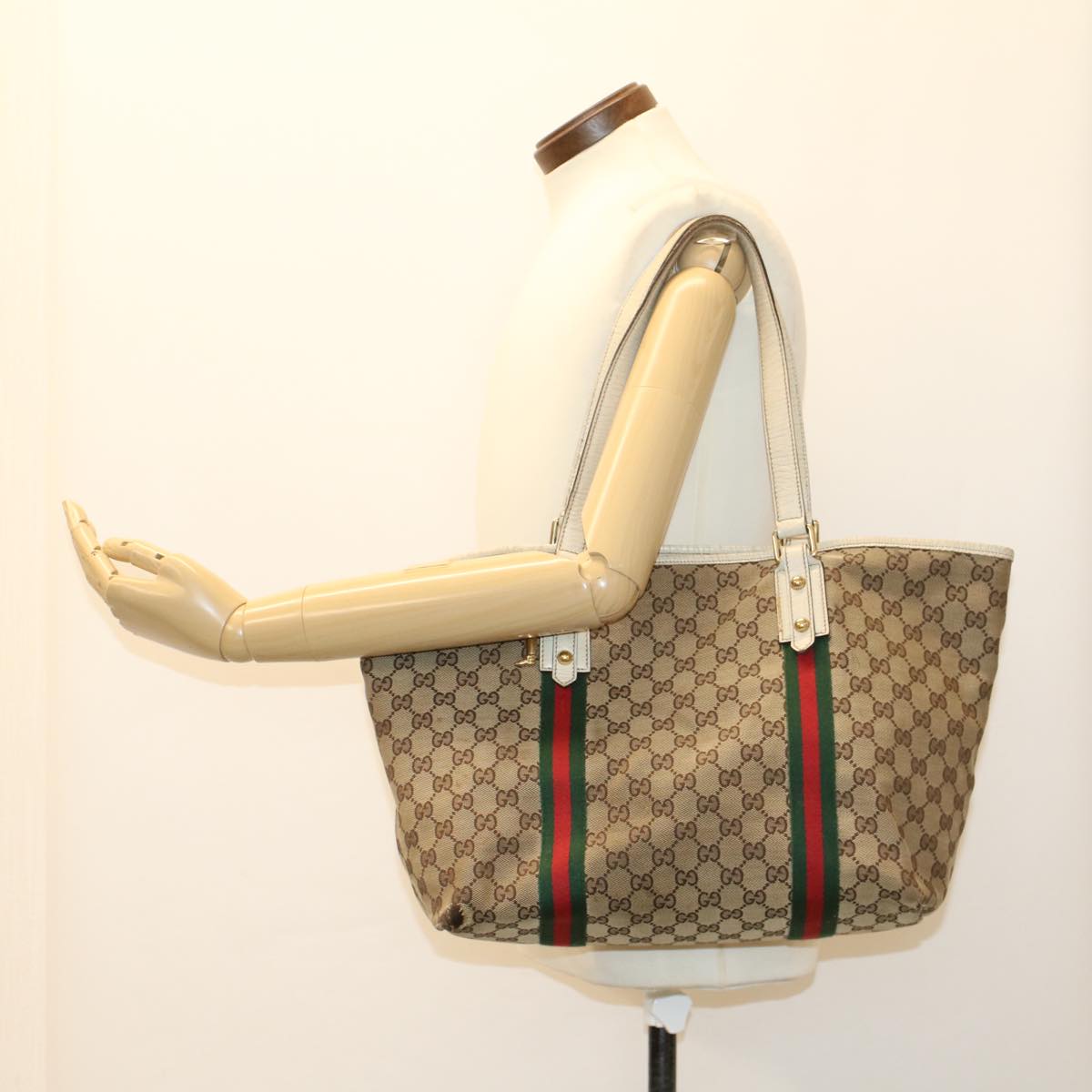 GUCCI GG Canvas Web Sherry Line Shoulder Bag Beige Red Green 139260 Auth 47709