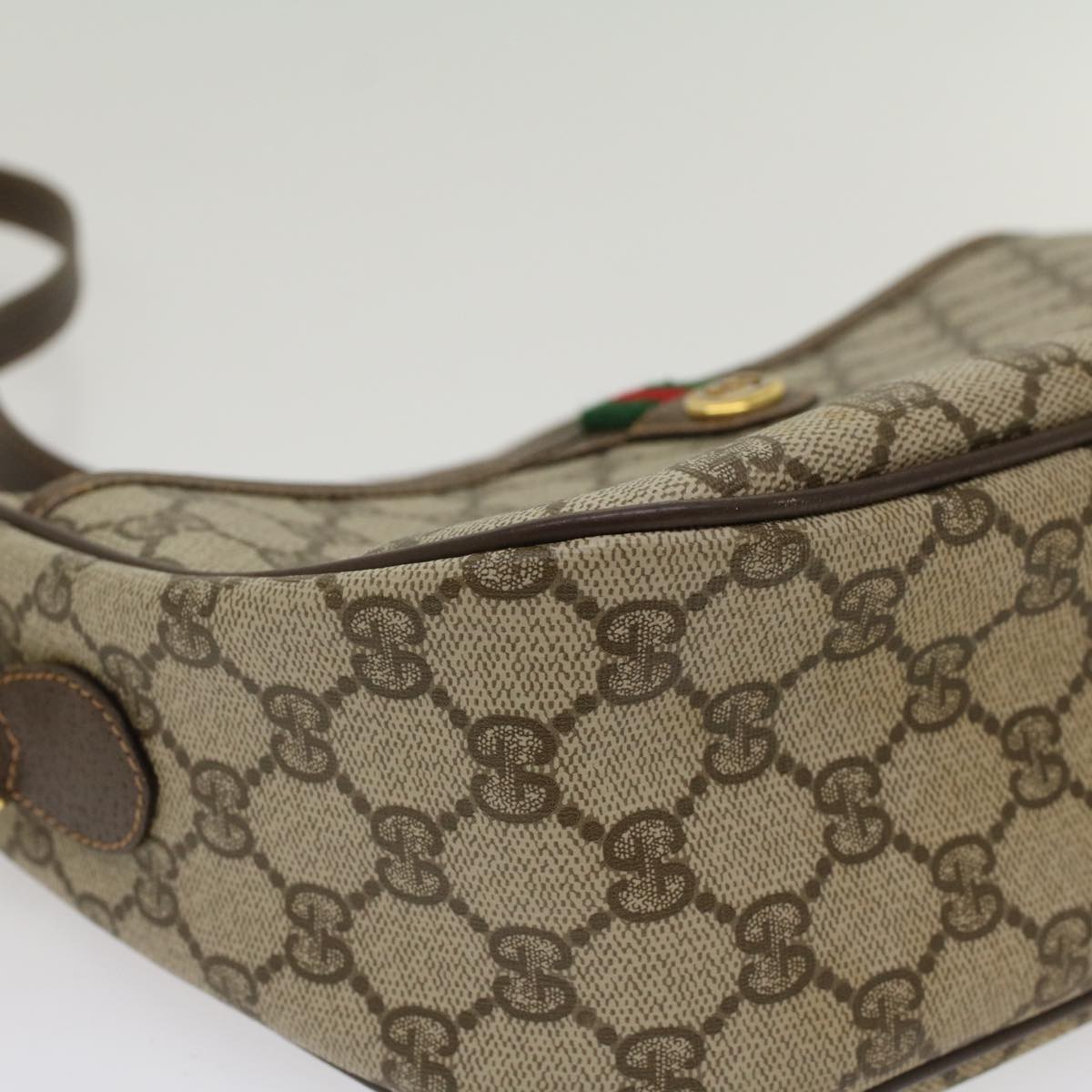 GUCCI GG Canvas Web Sherry Line Shoulder Bag PVC Leather Beige Green Auth 47988