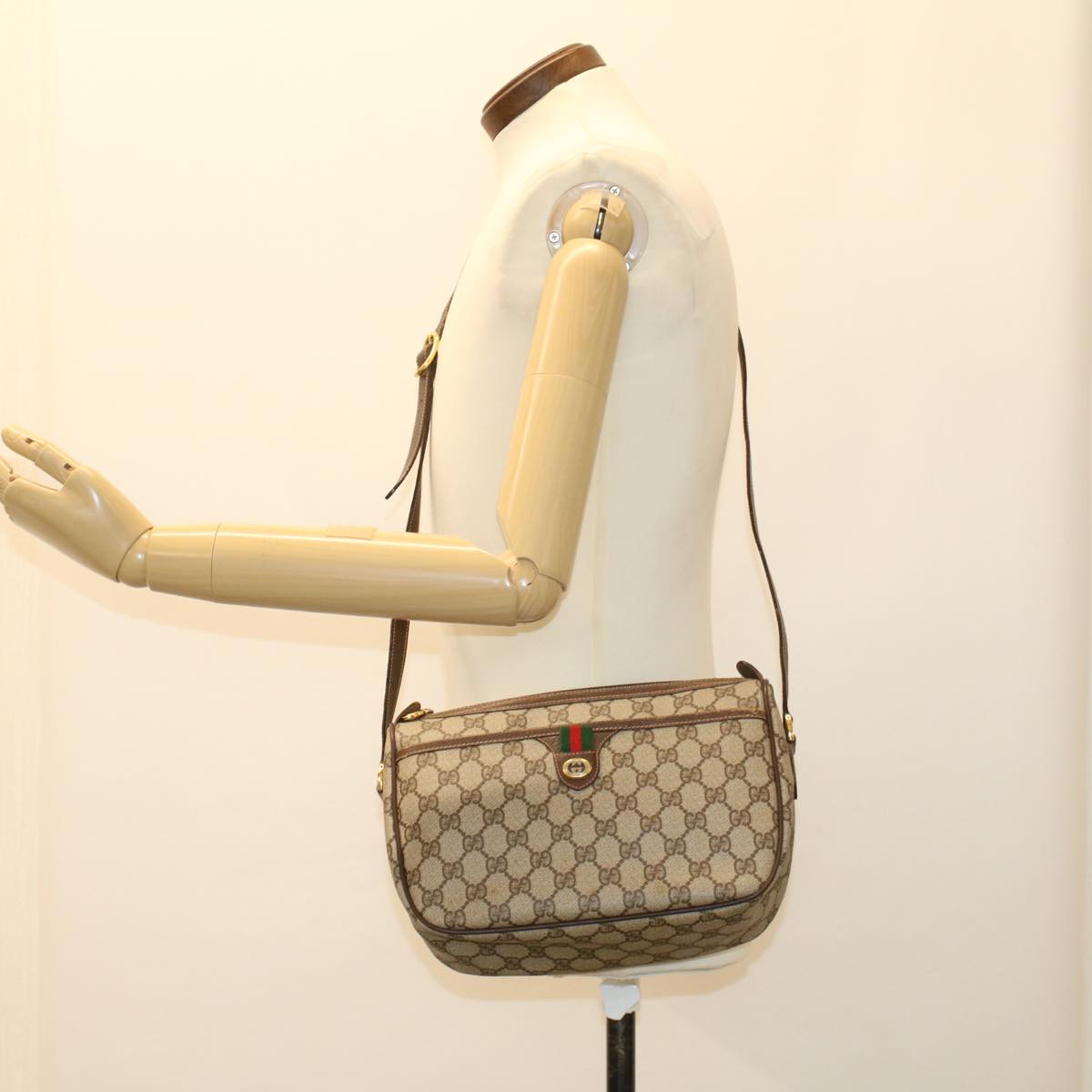 GUCCI GG Canvas Web Sherry Line Shoulder Bag PVC Leather Beige Green Auth 47988