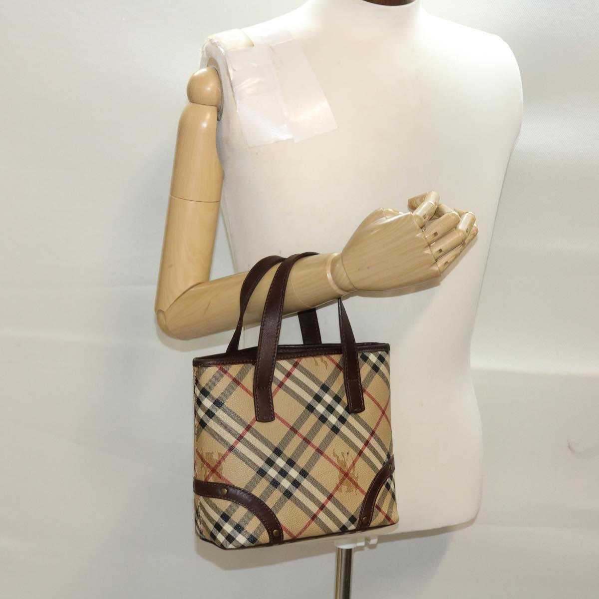 BURBERRY Nova Check Hand Bag PVC Leather Beige Brown Auth 48031