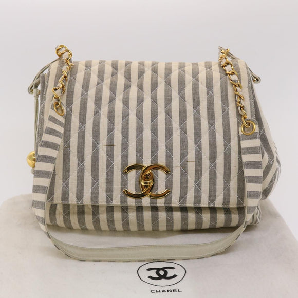 CHANEL Matelasse Shoulder Bag Canvas Light Blue White CC Auth 48071AV