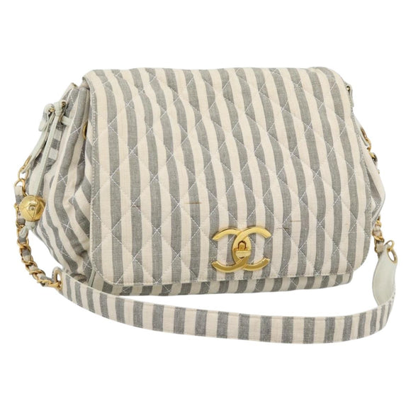 CHANEL Matelasse Shoulder Bag Canvas Light Blue White CC Auth 48071AV