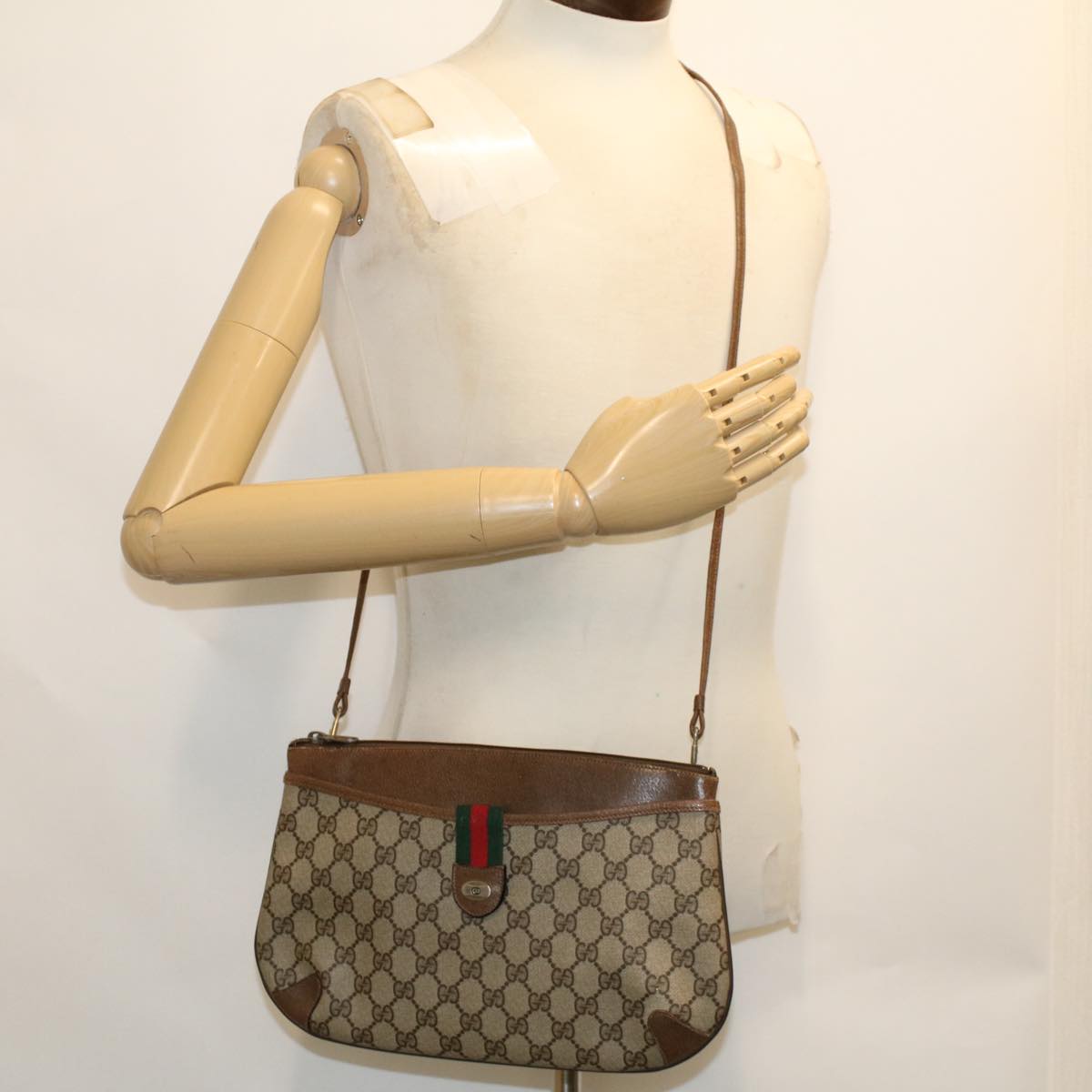 GUCCI GG Canvas Web Sherry Line Shoulder Bag PVC Leather Beige Green Auth 48122