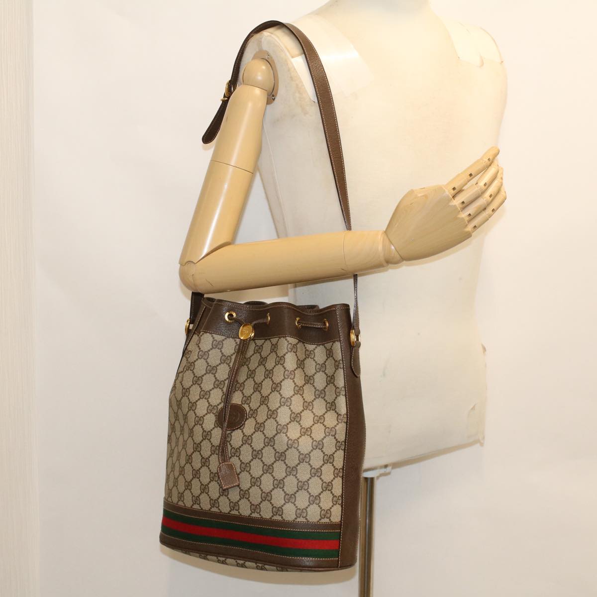 GUCCI GG Canvas Web Sherry Line Shoulder Bag PVC Leather Beige Green Auth 48163