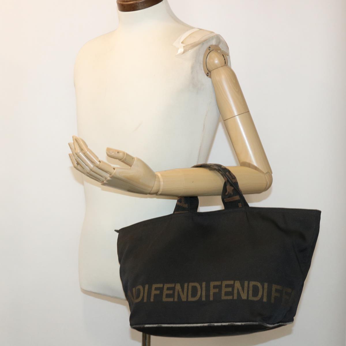 FENDI Hand Bag Nylon Black Brown Auth 48222