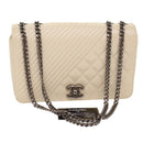 CHANEL Chevron x Matelasse Chain Shoulder Bag Lamb Skin White CC Auth 48469AV-1
