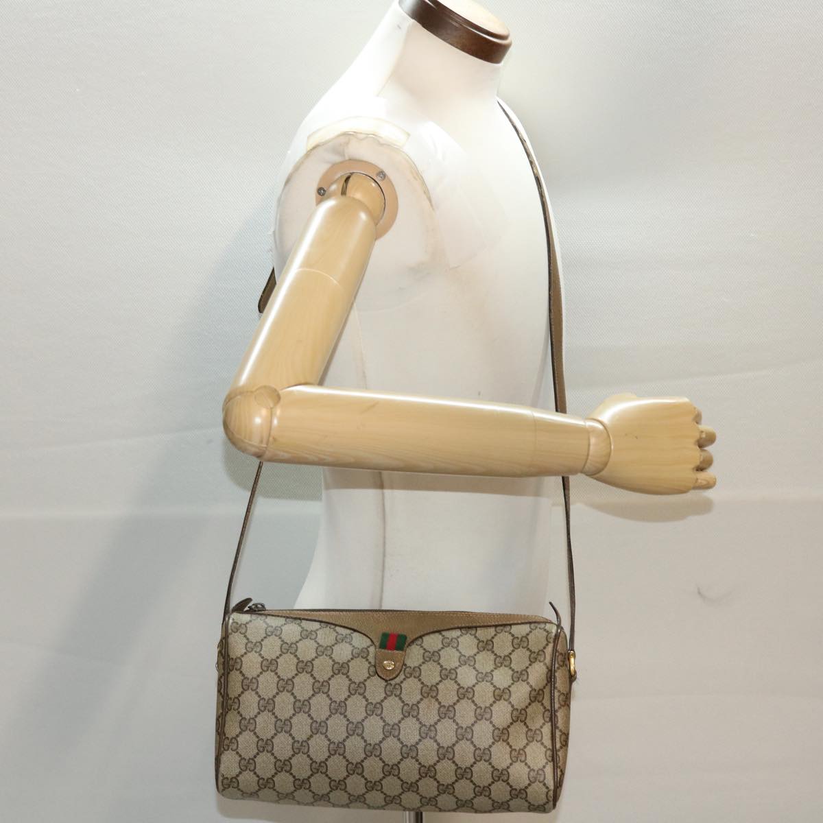 GUCCI GG Canvas Web Sherry Line Shoulder Bag PVC Leather Beige Green Auth 48598