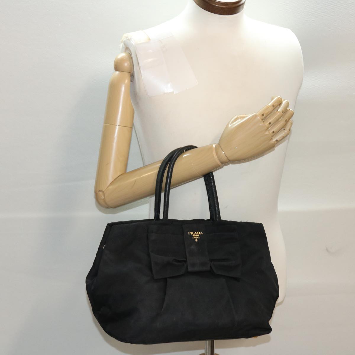 PRADA Ribbon Hand Bag Nylon Leather Black Auth 48615