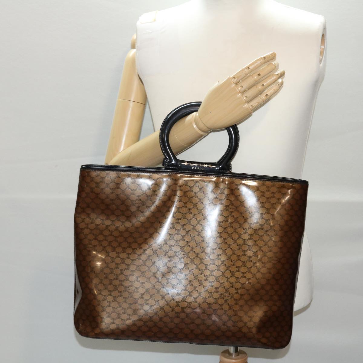 CELINE Macadam Canvas Hand Bag Enamel Brown Black Auth 48889