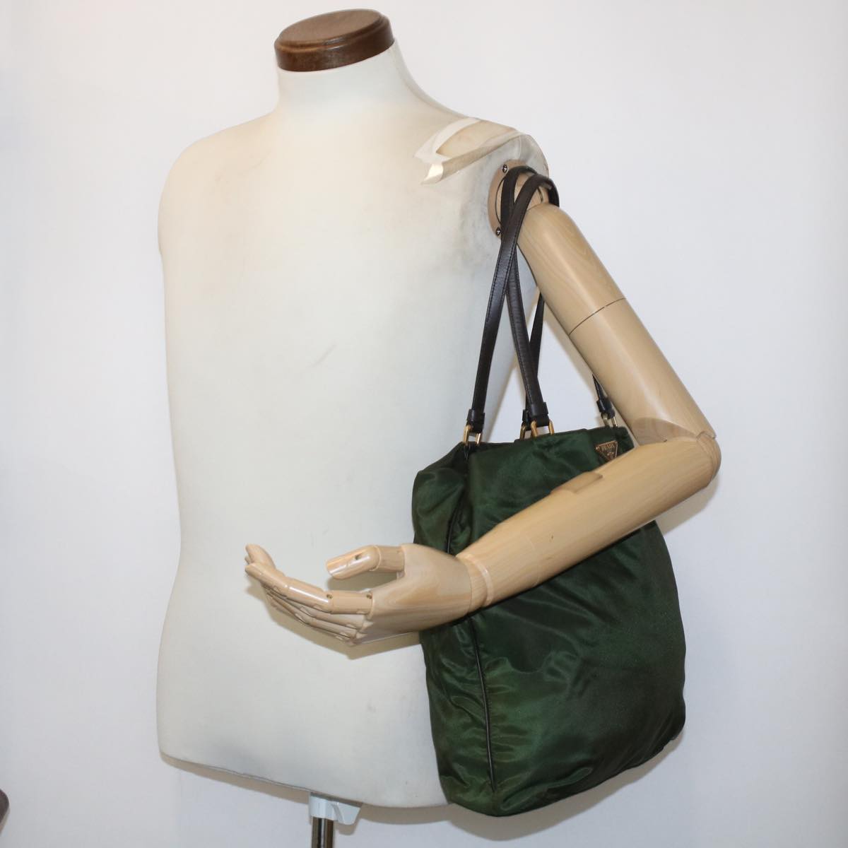 PRADA Tote Bag Nylon Leather Green Auth 49023