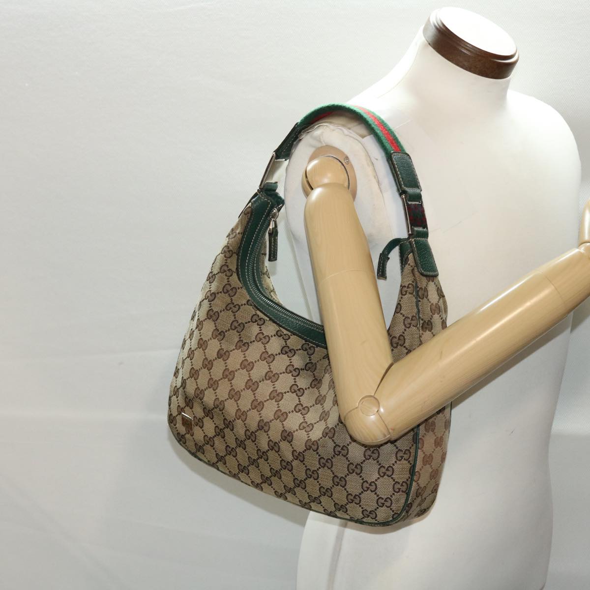 GUCCI GG Canvas Web Sherry Line Shoulder Bag Beige Green Red Auth 49067