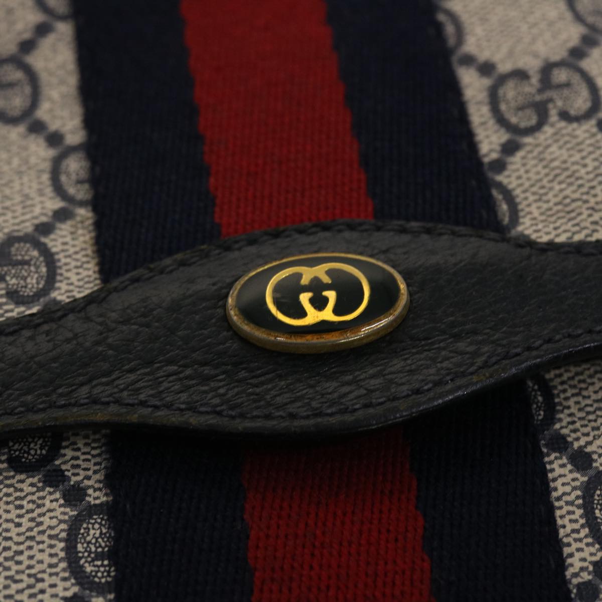 GUCCI GG Canvas Sherry Line Clutch Bag PVC Leather Navy Red Auth 49081