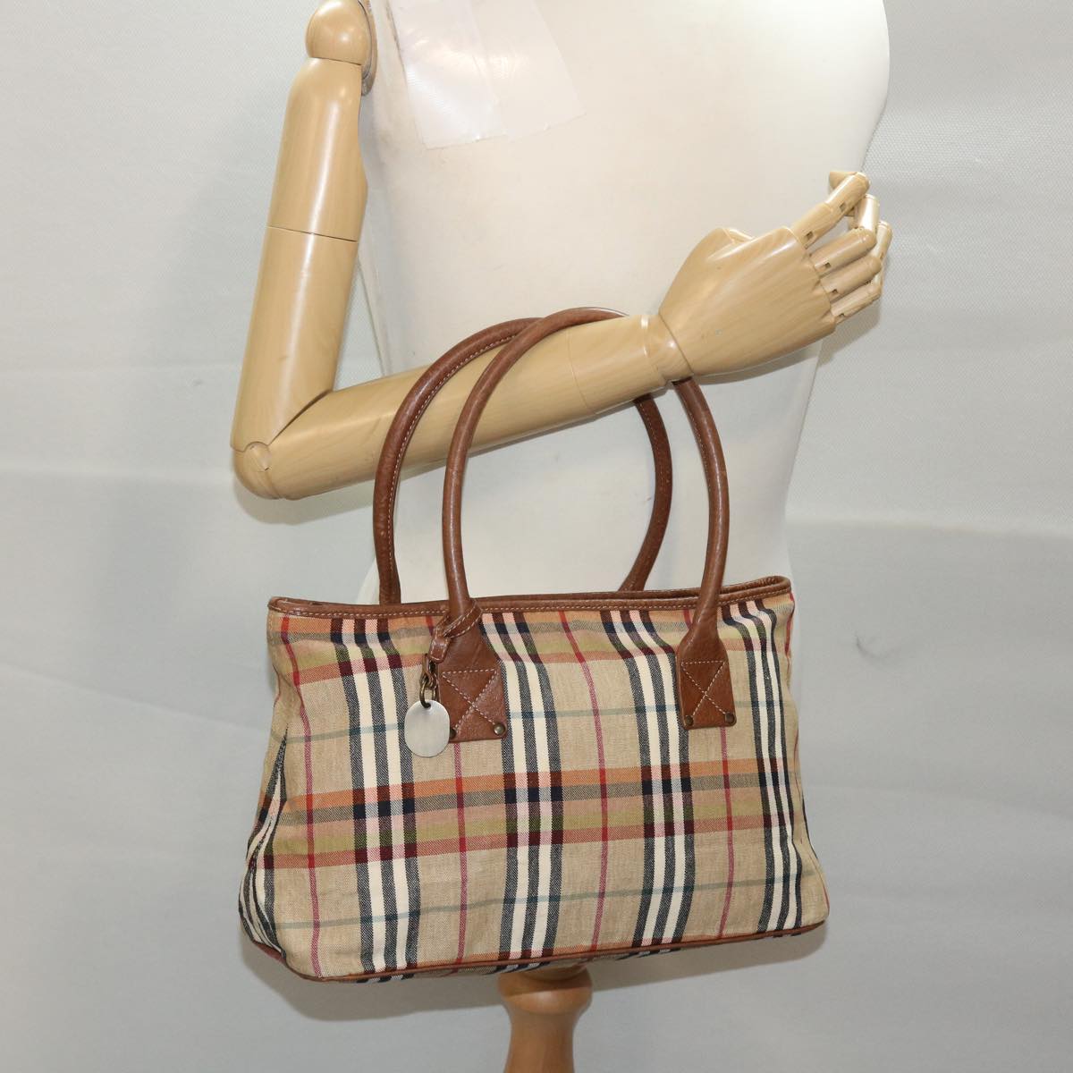 BURBERRY Nova Check Hand Bag Canvas Leather Beige Brown Auth 49090