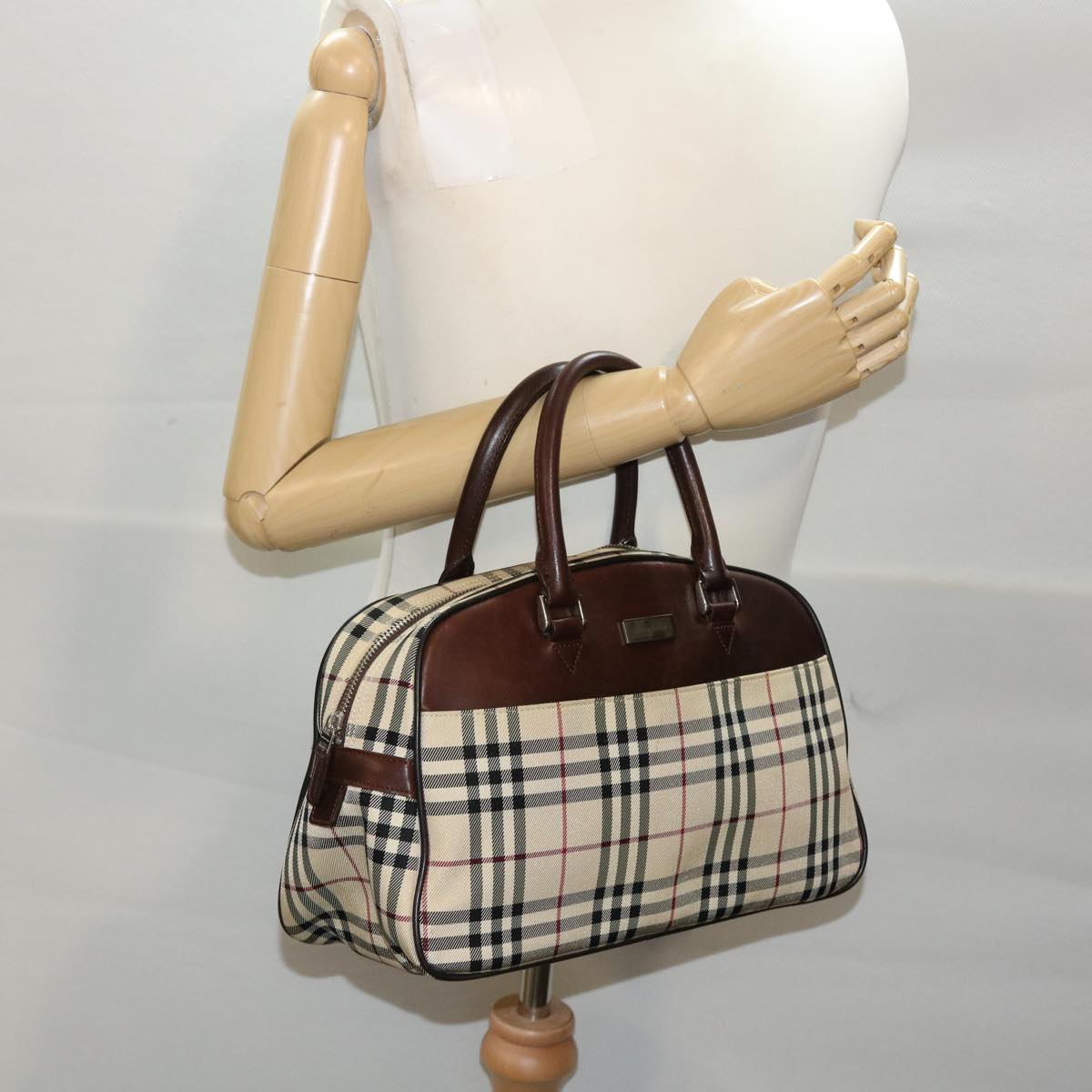 BURBERRY Nova Check Hand Bag Nylon Leather Beige Brown Auth 49092