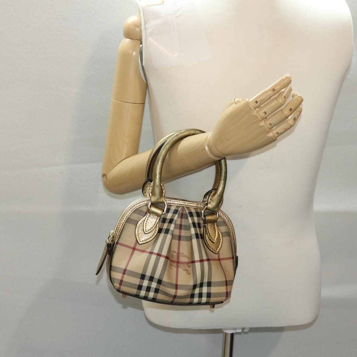 BURBERRY Nova Check Hand Bag PVC Leather Beige Gold Auth 49100