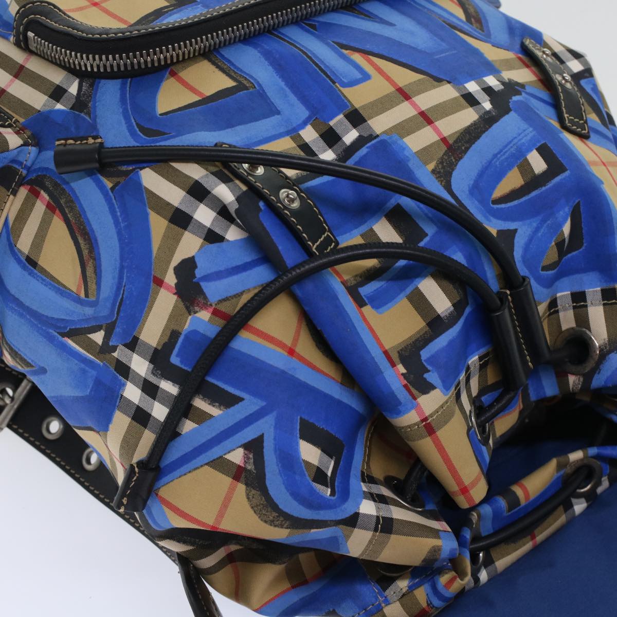 BURBERRY Nova Check Graffiti Backpack Canvas Leather Beige Blue Auth 49119A