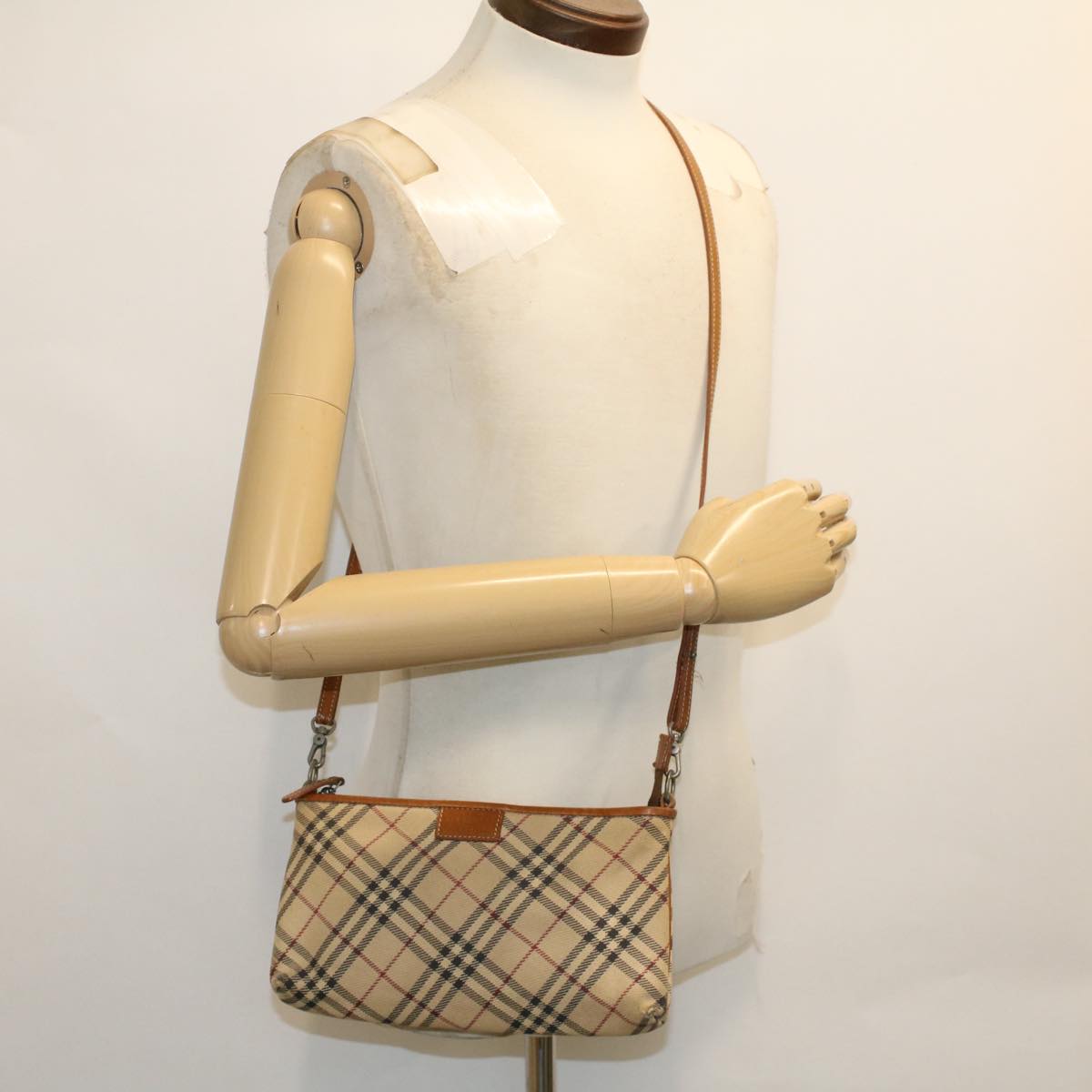 BURBERRY Nova Check Blue Label Shoulder Bag Canvas Leather Beige Auth 49273