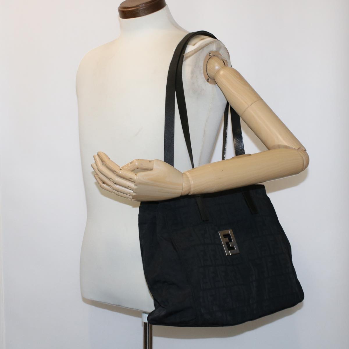 FENDI Zucca Canvas Shoulder Bag Nylon Leather Black Auth 49326