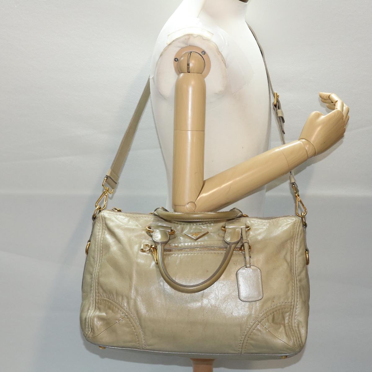 PRADA Hand Bag Leather 2way Cream Auth 49592