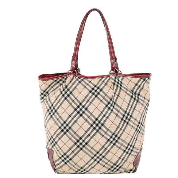 BURBERRY Nova Check Blue Label Tote Bag Nylon Beige Red Auth 49770