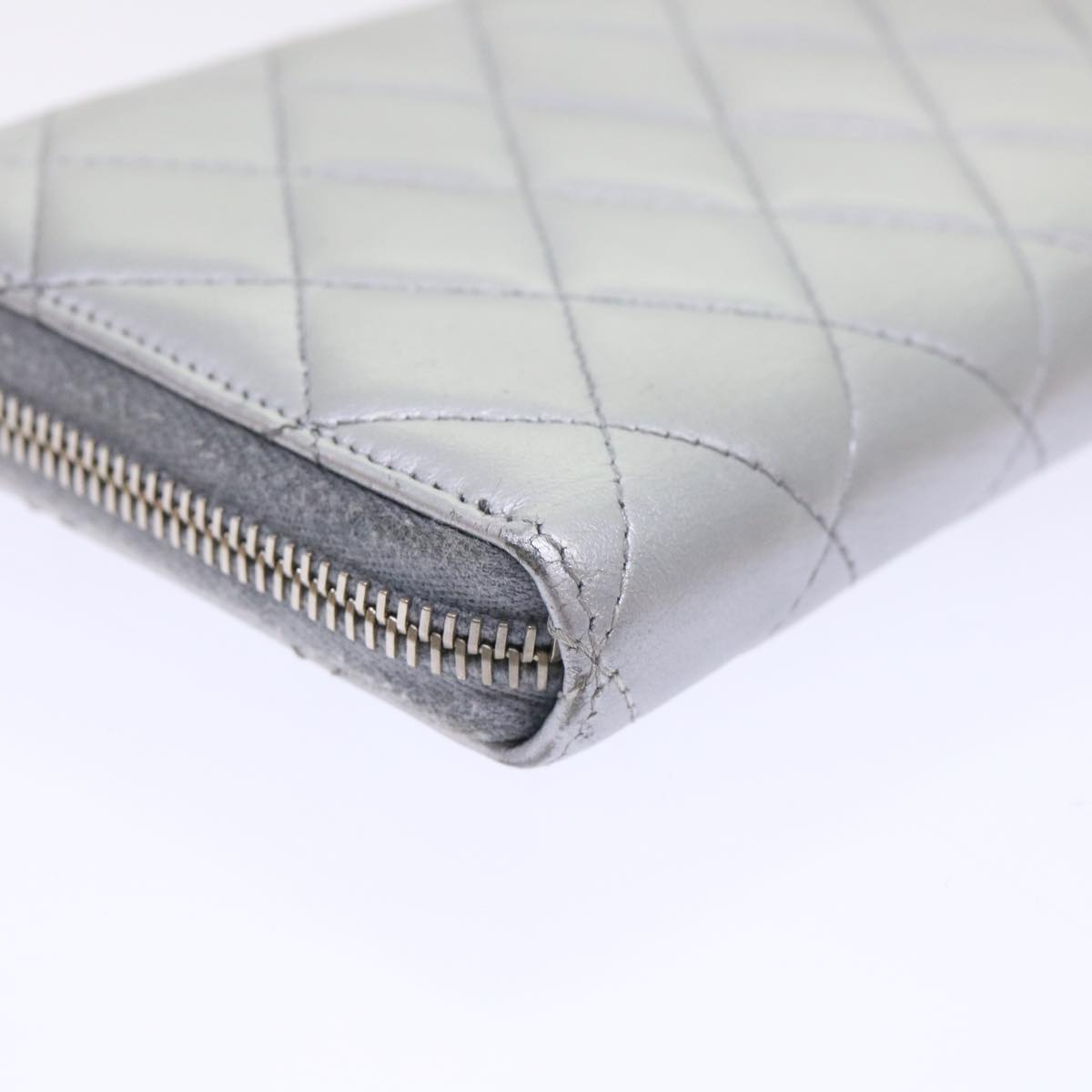 CHANEL Long Wallet Lamb Skin Silver CC Auth 49958A