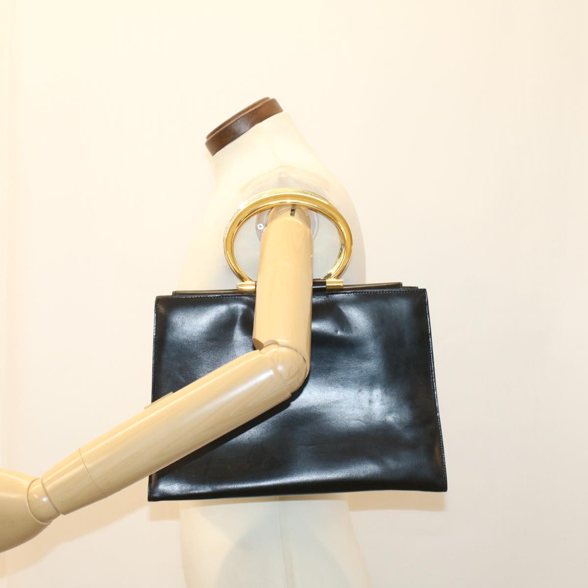 CELINE Hand Bag Leather Black Auth 50187
