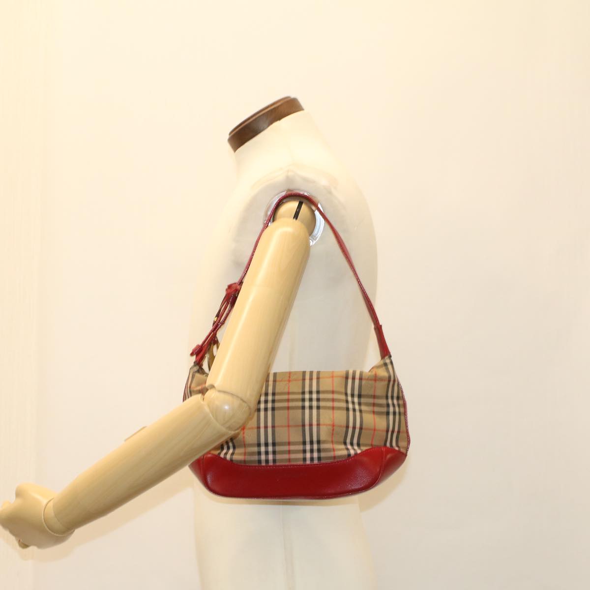 BURBERRY Nova Check Hand Bag Canvas Beige Red Auth 50197