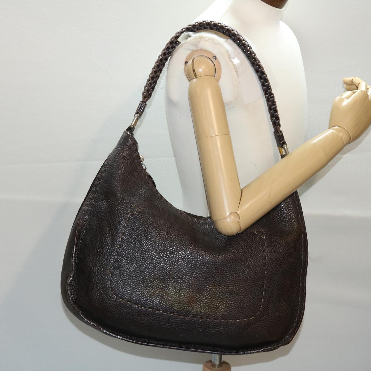 FENDI Celeria Shoulder Bag Leather 2way Dark Brown 8BR582 Auth 50271