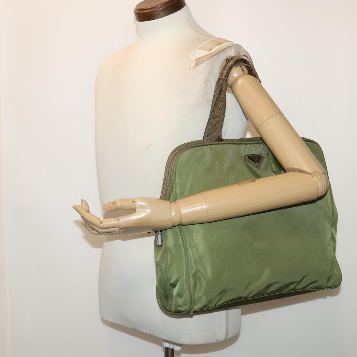 PRADA Hand Bag Nylon Leather Green Auth 50390