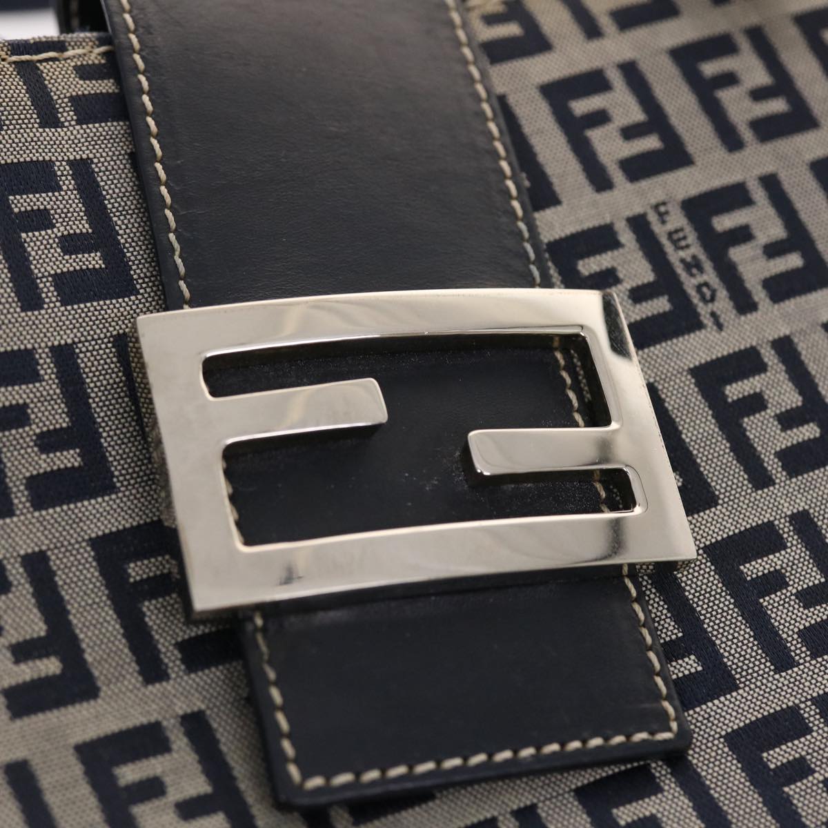 FENDI Zucchino Canvas Mamma Baguette Tote Bag Nylon Navy Auth 50424