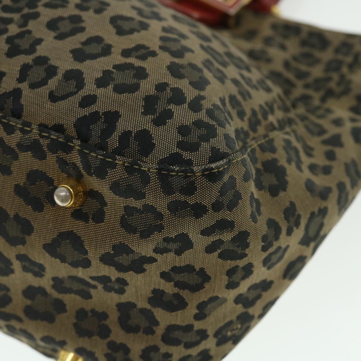 FENDI Leopard Hand Bag Nylon Leather Brown Red Auth 50533